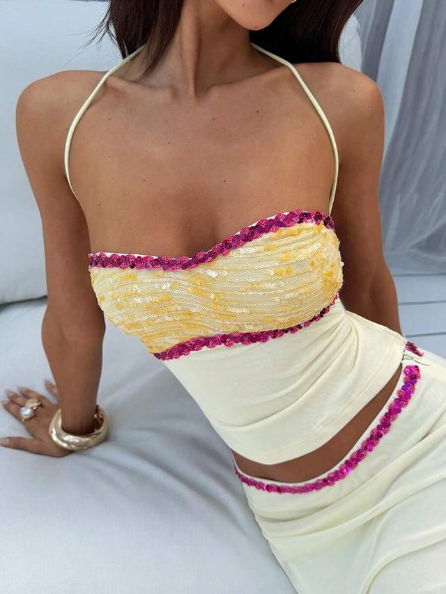 aloruh women's elegant sexy beaded embroidery decor backless halter top