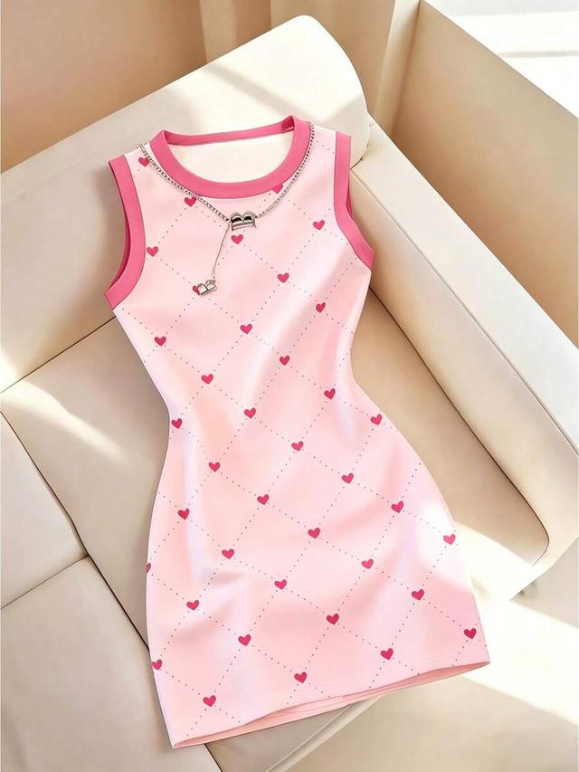 pink heart print round neck tank dress