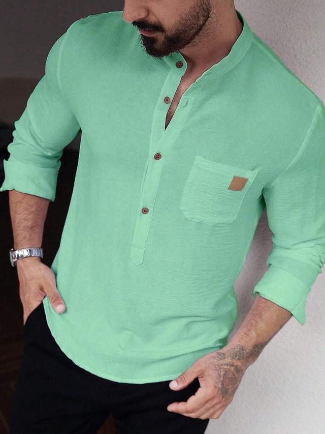 light green textured long sleeve mandarin collar shirt