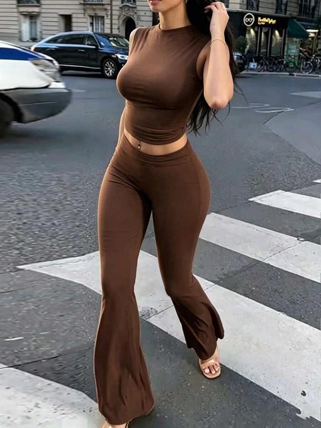 brown solid color sleeveless top and flare pants set