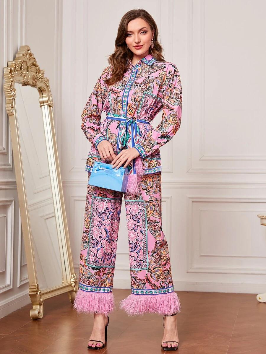 paisley and floral print belted shirt with fuzzy trim pants