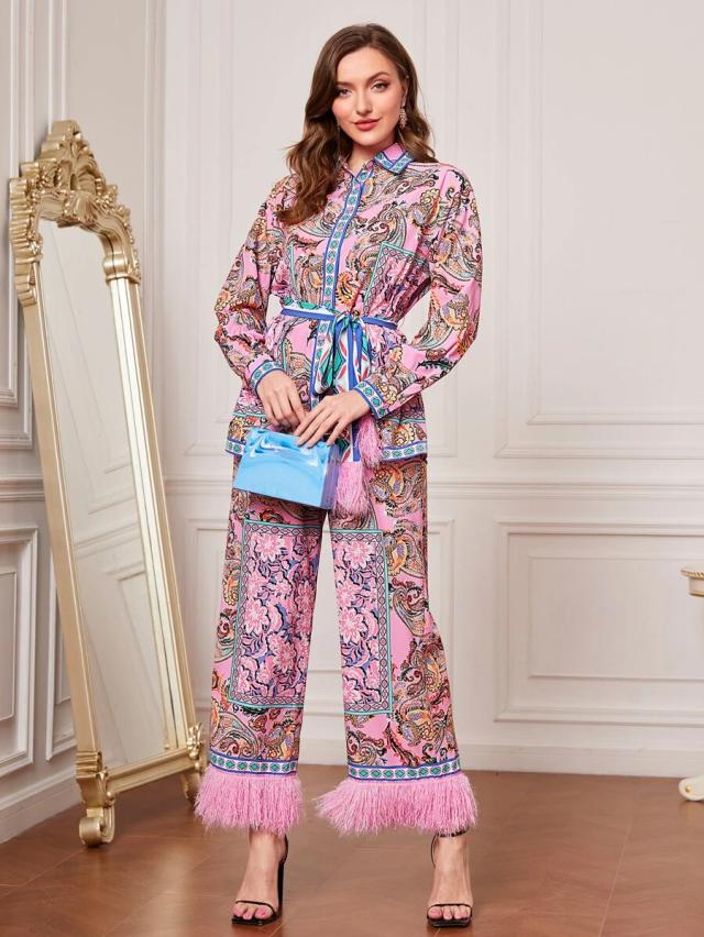 paisley and floral print belted shirt with fuzzy trim pants