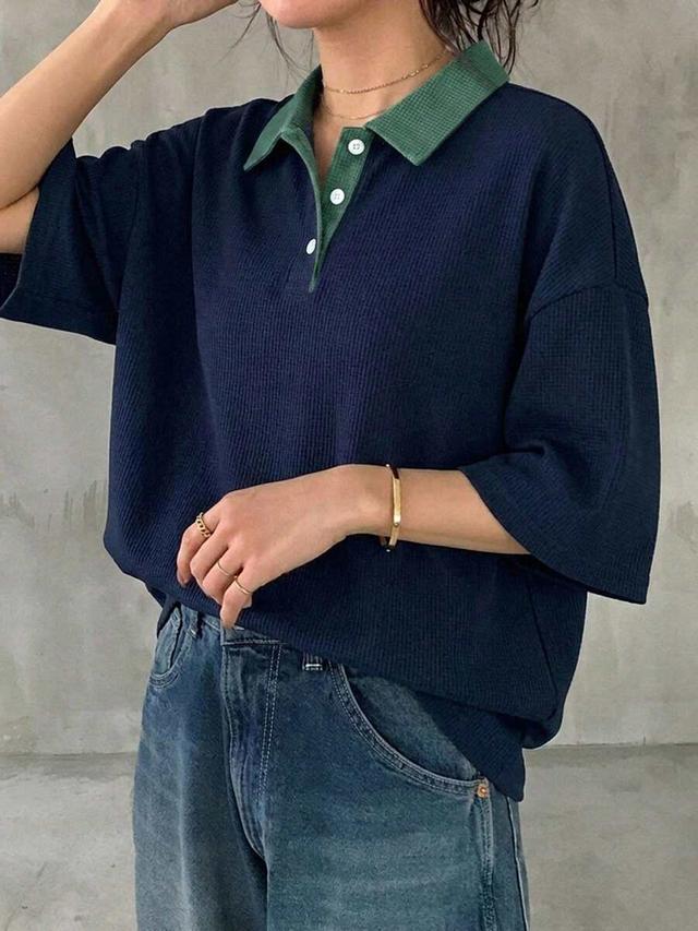 navy and green waffle knit polo neck t-shirt