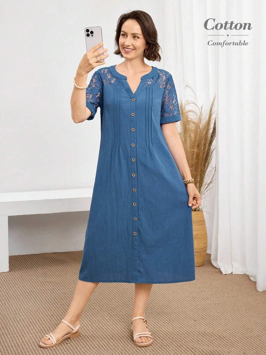 dusty blue cotton v-neck lace patchwork midi dress