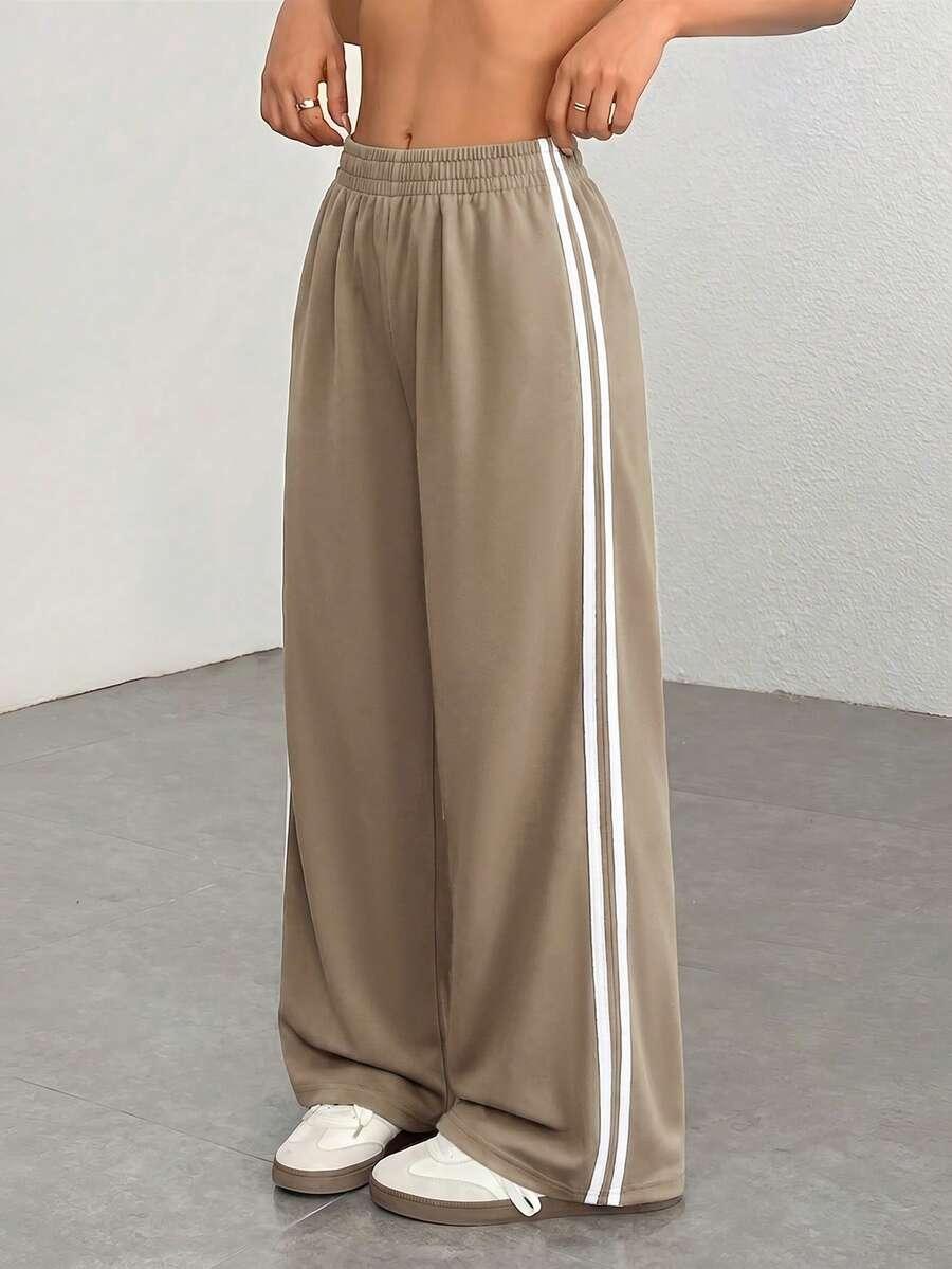 casual beige side striped elastic waist trousers