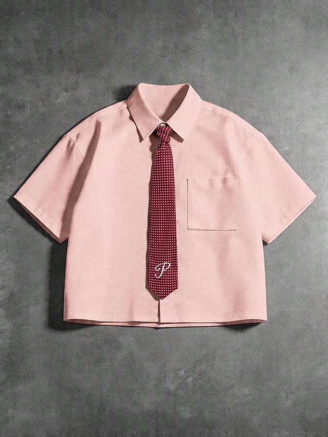 pink solid color loose short sleeve shirt with tie