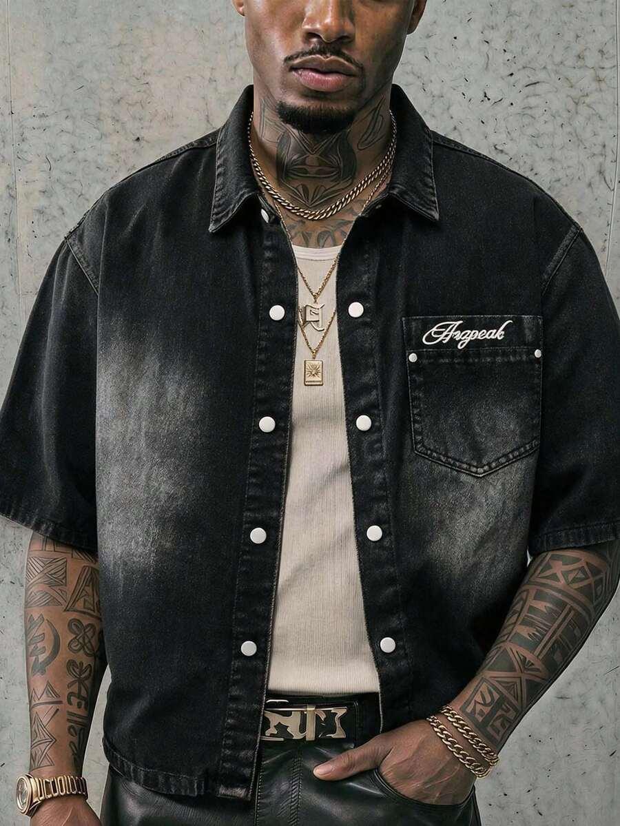 axepeak washed black denim short sleeve jacket