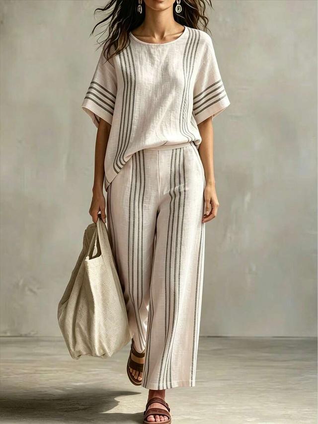 beige striped linen-feel short sleeve top
