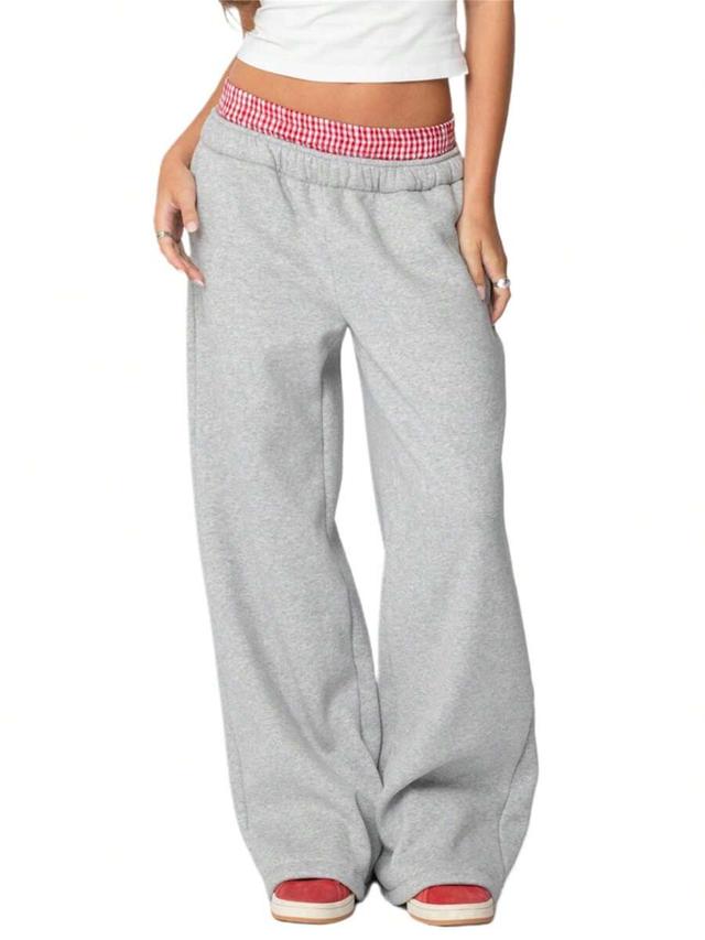 grey wide leg baggy sweatpants with plaid waistband