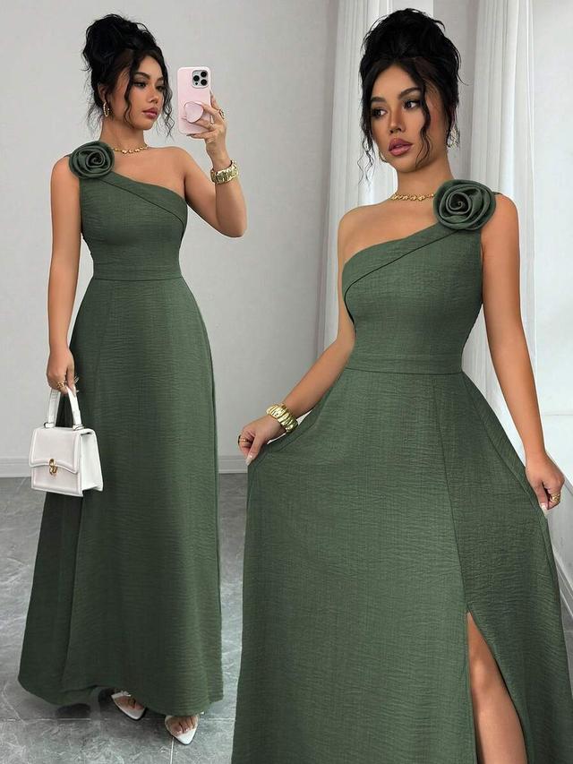 olive green one-shoulder maxi dress with floral detail