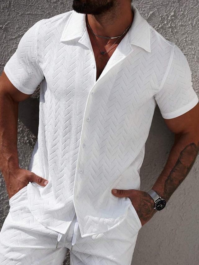 white textured chevron short sleeve button up shirt
