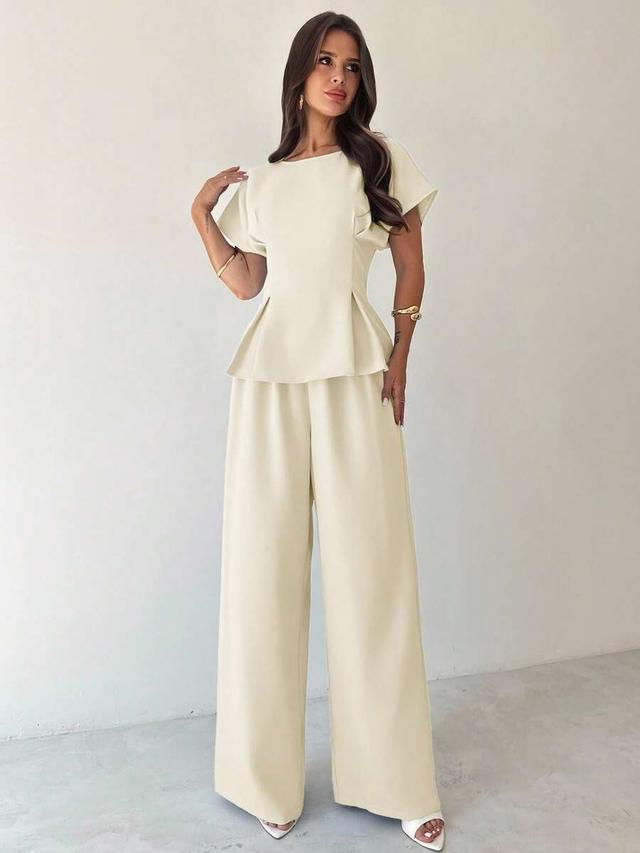 bamboo texture short sleeve peplum top and wide leg pants set