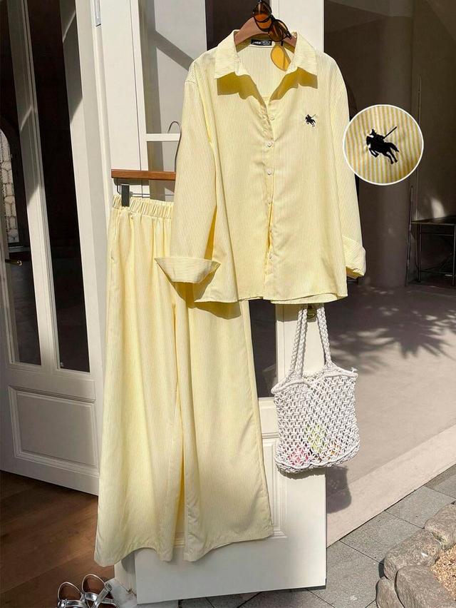 pastel yellow striped cotton shirt and wide leg pants
