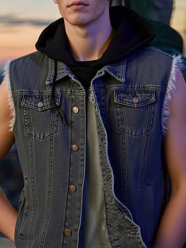 vintage industrial hooded button-down denim vest