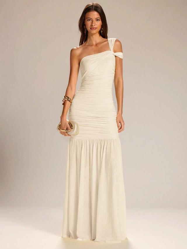 solid yellow asymmetric neck a-line dress