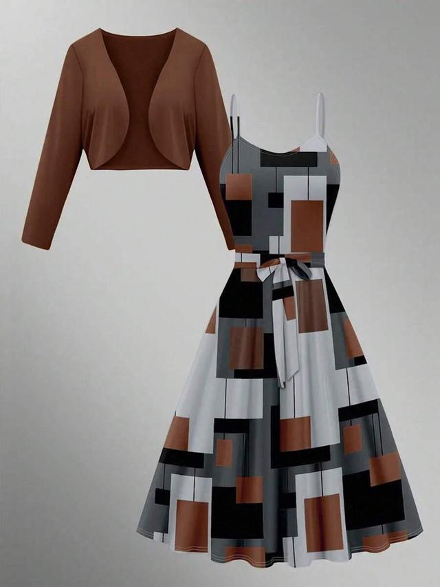 brown grey geometric print spaghetti strap dress and brown cardigan set