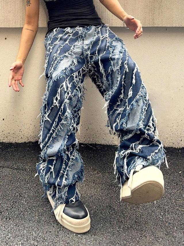 dark blue acid washed frayed hem baggy jeans
