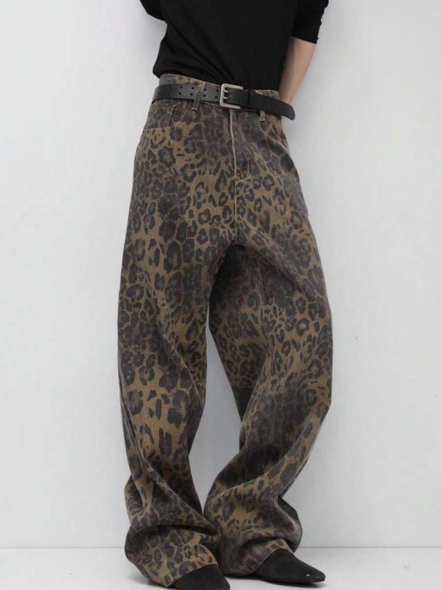 men's leopard print loose straight wide-leg denim pants