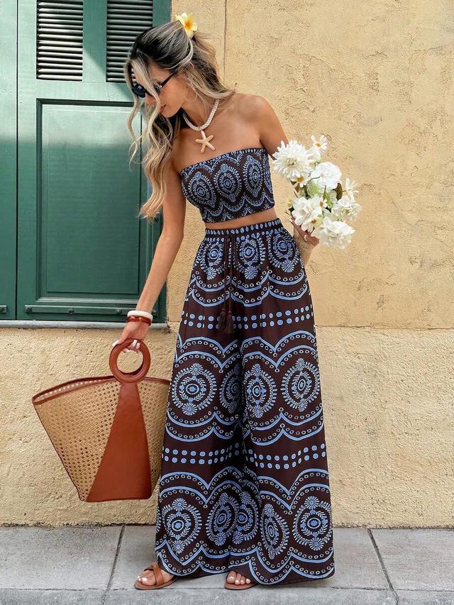 brown printed bandeau top and wide leg trousers set