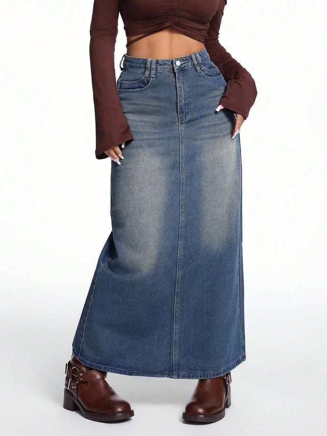 blue denim maxi skirt with front seam
