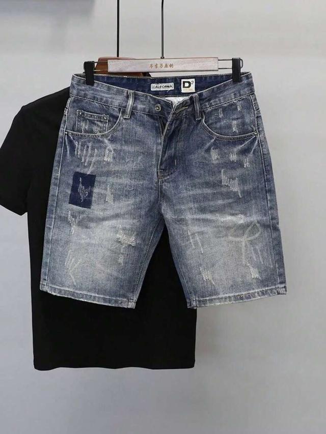 men's slim fit washed denim shorts with destroyed details