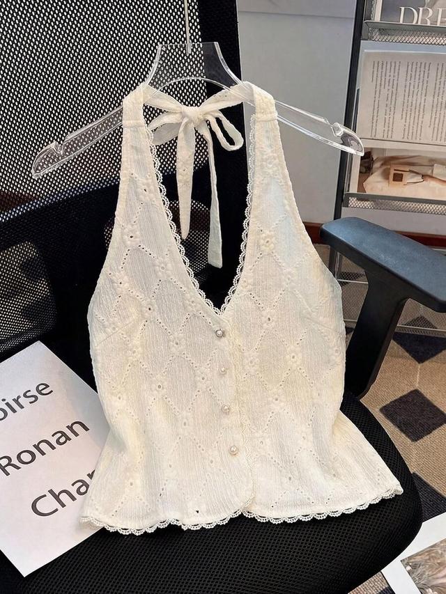 white lace halter top with pearl button detail