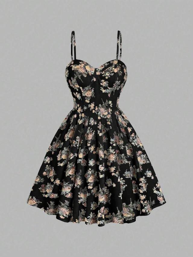 floral print waist-cinched bustier strap mini dress