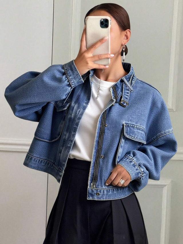 casual washed denim cropped jacket with stand collar