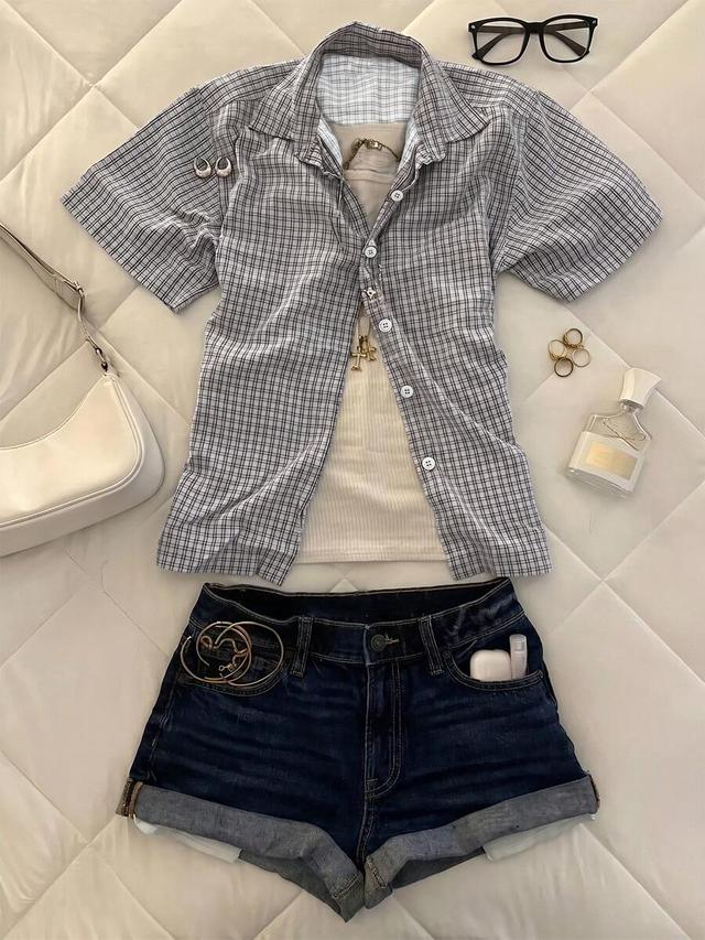 islasuriya women's plaid short sleeve single-breasted casual shirt