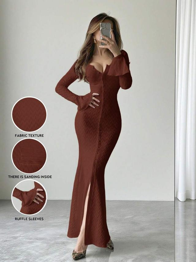 elegant brown jacquard plaid maxi dress with flare sleeves