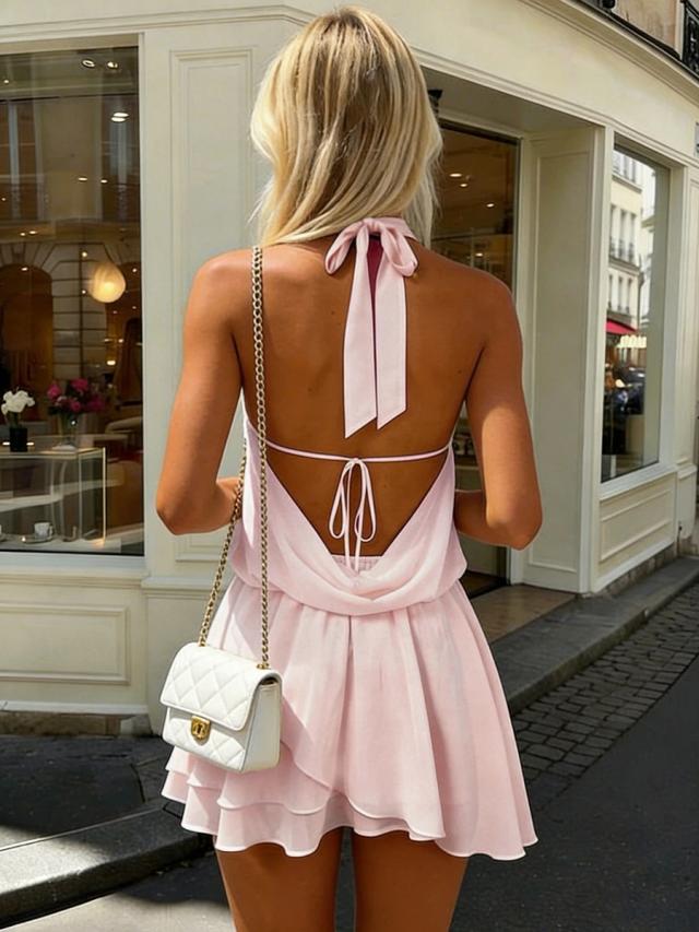 pink chiffon halter neck mini dress