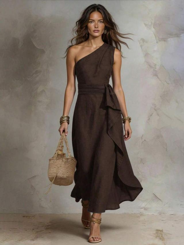 dark brown one-shoulder linen midi dress with sash