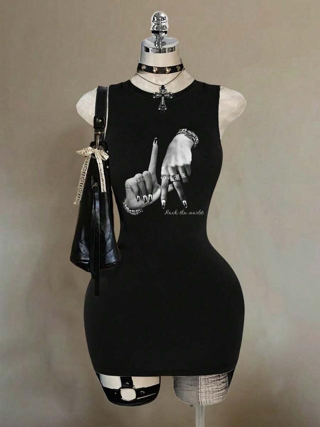 black graphic print sleeveless bodycon mini dress