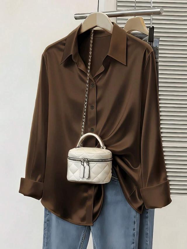 women's elegant brown satin button-down blouse