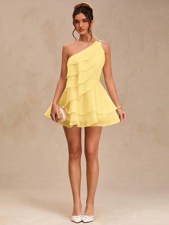 solid color asymmetric one-shoulder ruffle layered mini dress
