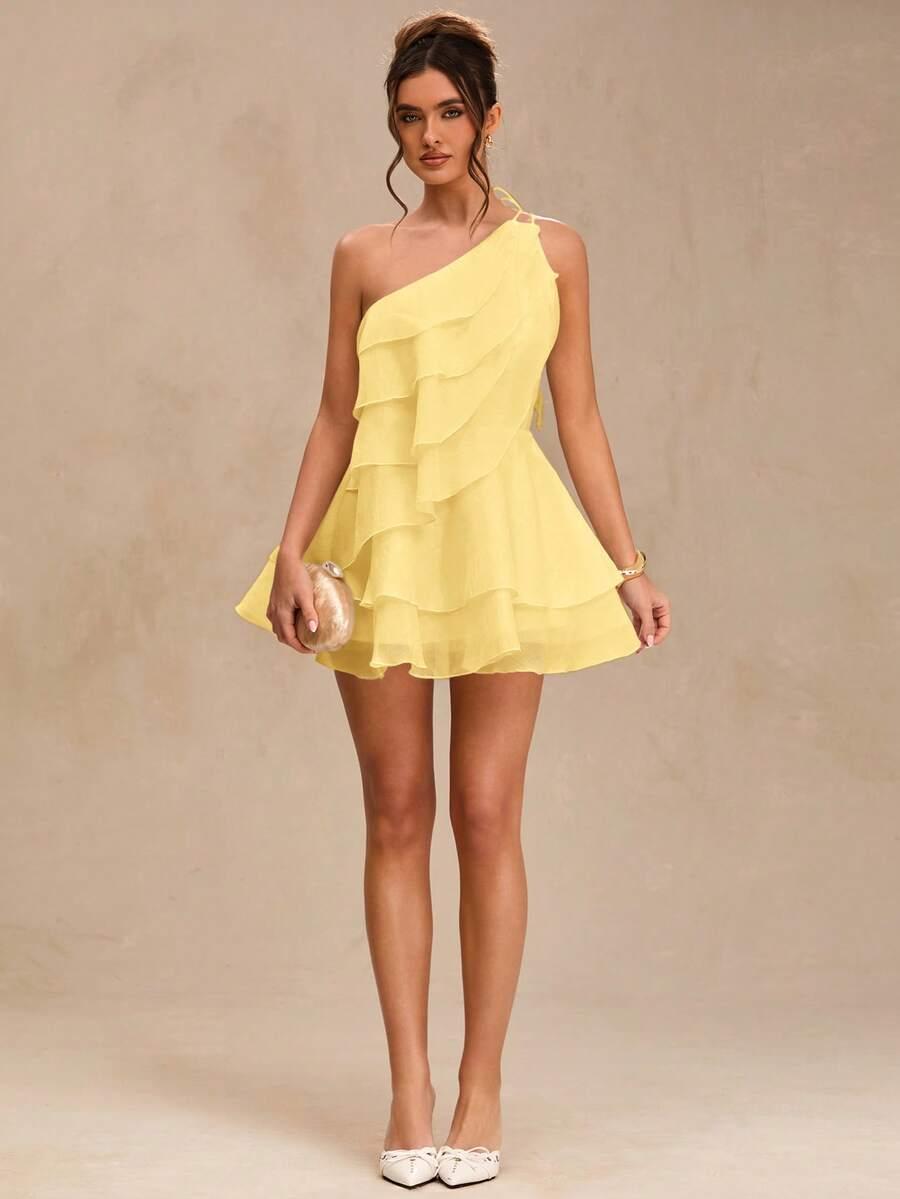 solid color asymmetric one-shoulder ruffle layered mini dress
