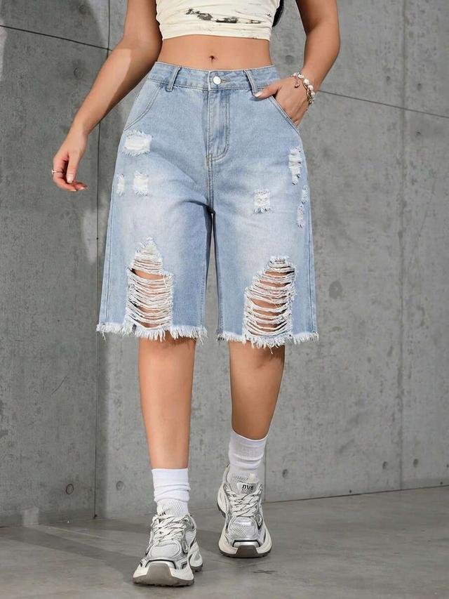 washed ombre distressed loose denim bermuda shorts