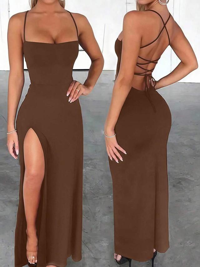brown fitted high slit criss-cross tie-up long dress