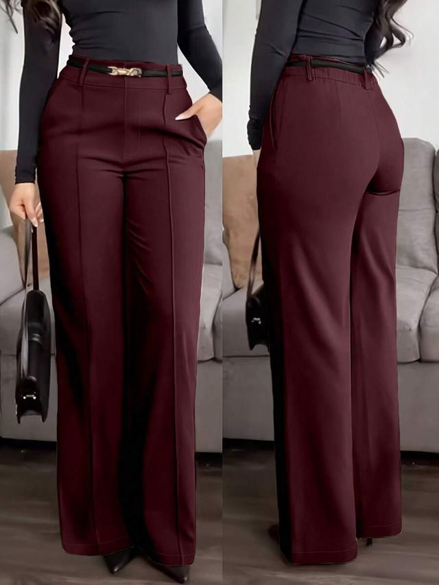 solid-color burgundy high-waisted wide-leg office trousers