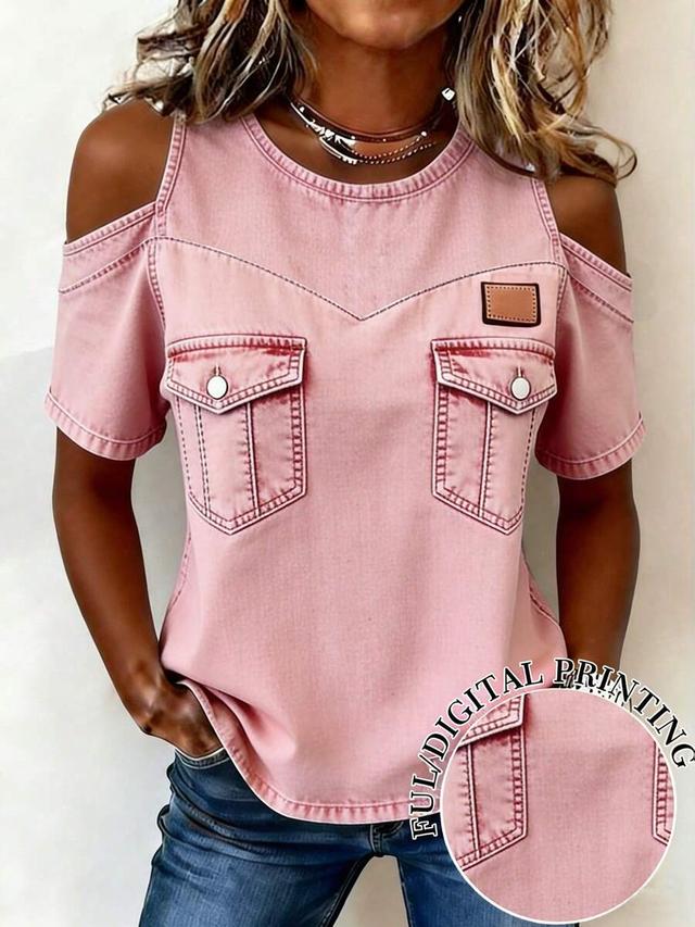 pink denim effect cold shoulder casual top