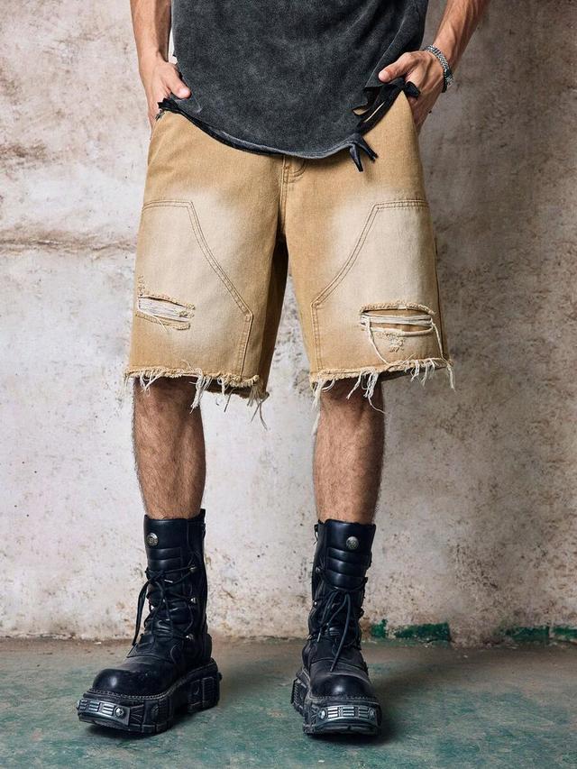 distressed tan denim fringe casual shorts
