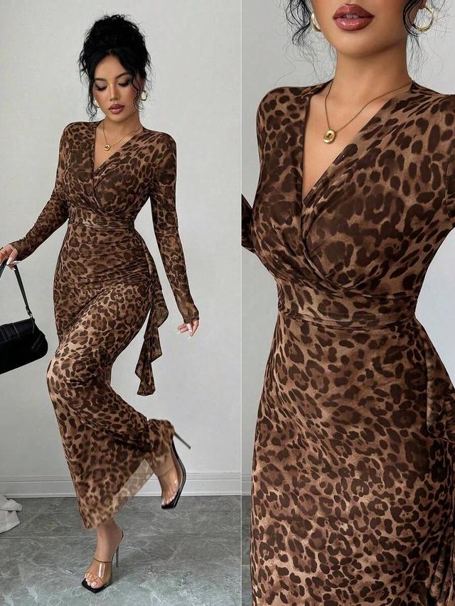 leopard print long sleeve mesh body-hugging maxi dress