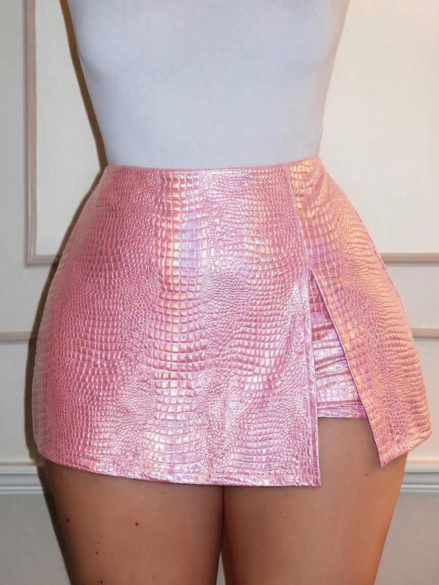 iridescent pink faux crocodile embossed high-waisted shorts