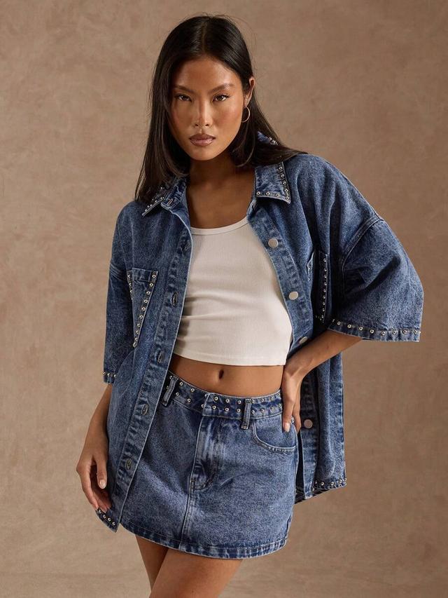 studded dark blue denim shirt and mini skirt set