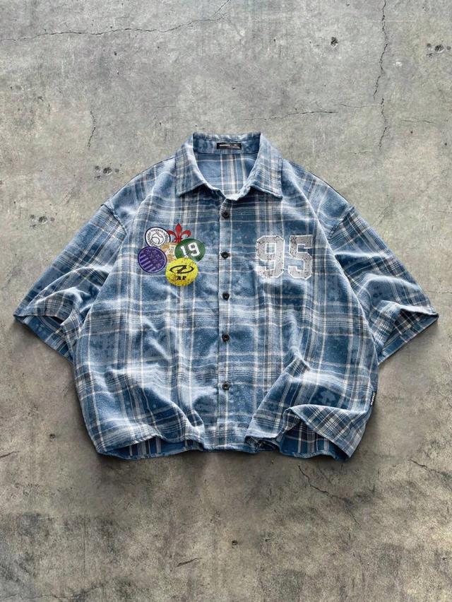 axepeak blue plaid loose casual short sleeve shirt