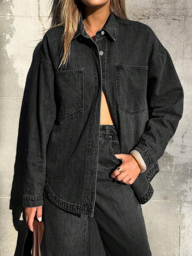 oversized black denim button-up shirt jacket