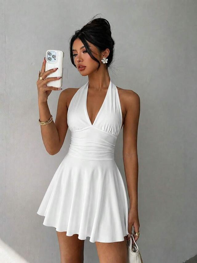 white halter neck mini skater dress