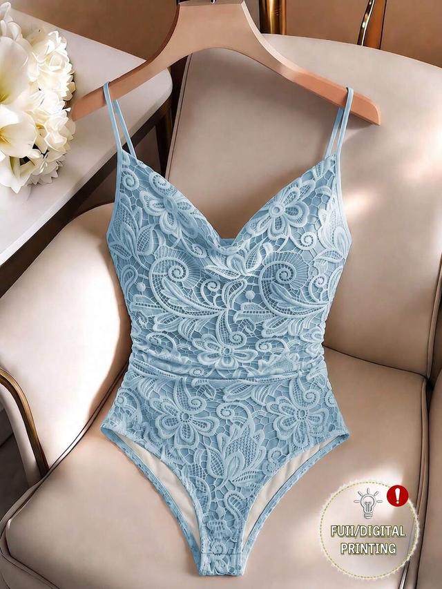 light blue lace print sleeveless ruched cami bodysuit