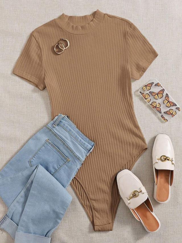 mock-neck rib-knit short sleeve bodysuit