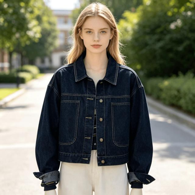 dark solid cropped denim button down coat